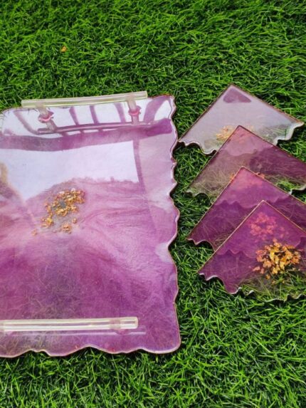 Multi Purpose Coaster And Tray With Resin Handle Set