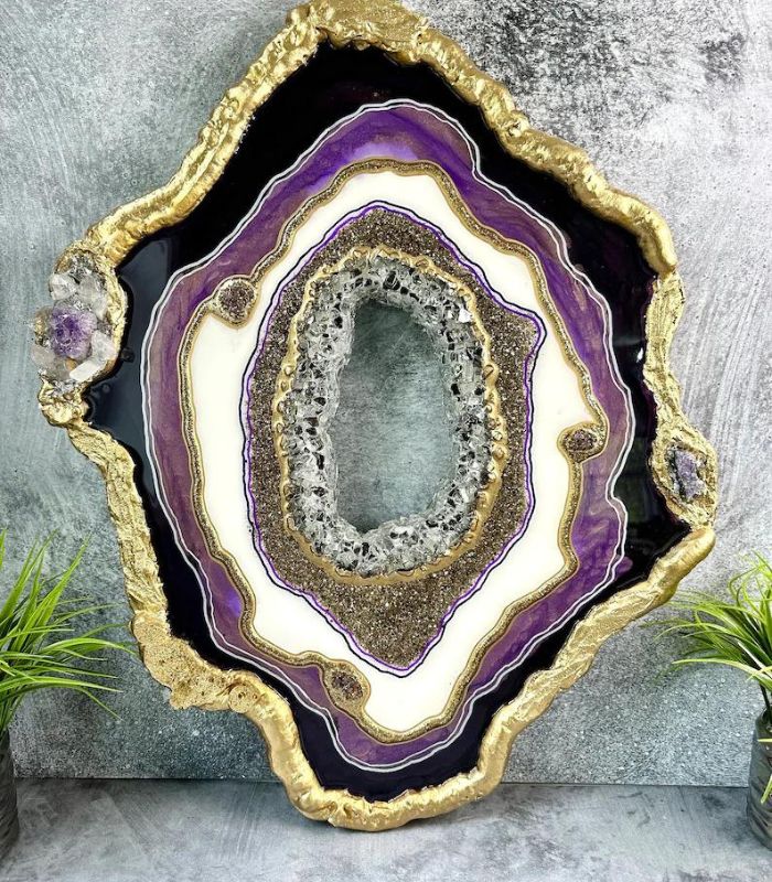 Amethyst Geode art, crushed glass art, Resin art