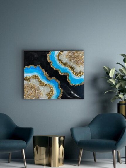 Custom Made, Epoxy Resin Geode Art, Blue, Gold