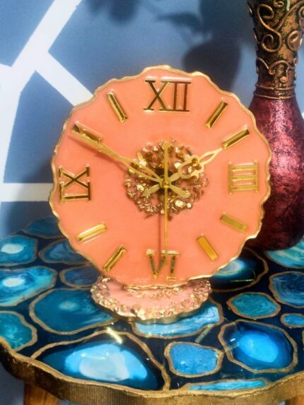 Round Shape Analog Light Pink Epoxy Resin Table Clock