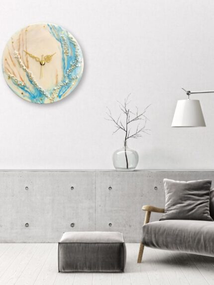 Elegant White Epoxy Resin Clock with Blue Marble Line - Modern Artistry for Your Home