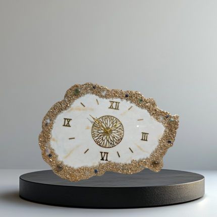 Alt Text: "White and gold crystal agate-shaped wall clock with intricate natural patterns, gold accents, and minimalist hands, offering a luxurious and modern décor accent."