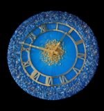 "Handcrafted blue geode crystal resin round wall clock with intricate textures and shimmering details, offering a bold and artistic timepiece."