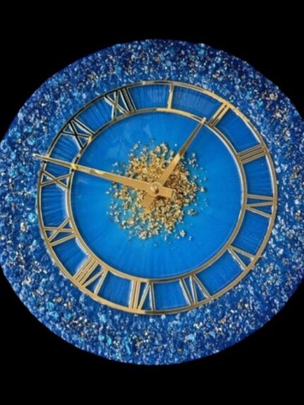 "Handcrafted blue geode crystal resin round wall clock with intricate textures and shimmering details, offering a bold and artistic timepiece."