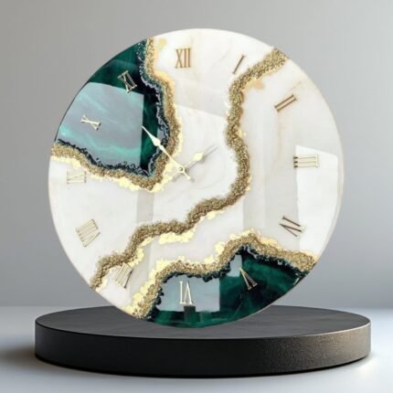 "Handcrafted modern white and green resin wall clock with a glossy finish, minimalist hands, and a sleek design, perfect as a decorative and functional centerpiece for any room."