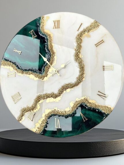 "Handcrafted modern white and green resin wall clock with a glossy finish, minimalist hands, and a sleek design, perfect as a decorative and functional centerpiece for any room."