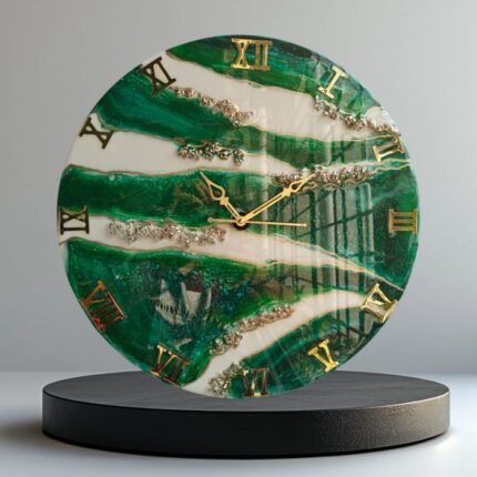 "Elegant marble effect resin wall clock featuring realistic veining, a high-gloss finish, and minimalist hands, perfect as a sophisticated and functional décor piece for any room."