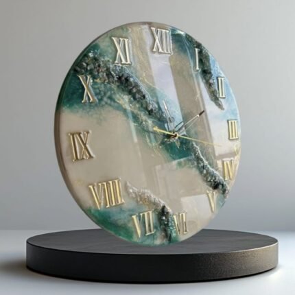 "Elegant marble effect resin wall clock featuring realistic veining, a high-gloss finish, and minimalist hands, perfect as a sophisticated and functional décor piece for any room."