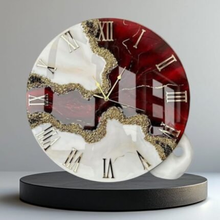 "Handcrafted Red and White Resin Geode Wall Clock featuring a glossy finish, intricate crystal-inspired details, and sleek modern hands, perfect as a decorative timepiece for any space."