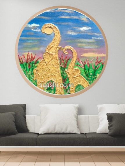 "Textured resin art featuring an elephant and her baby, with intricate details and a shimmering finish symbolizing strength and love."