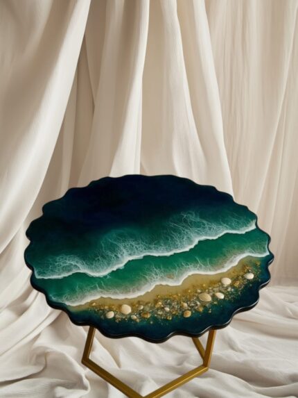 "Handcrafted ocean-inspired resin coffee table with natural wood grain and vivid blue resin waves, showcasing a unique and artistic design."