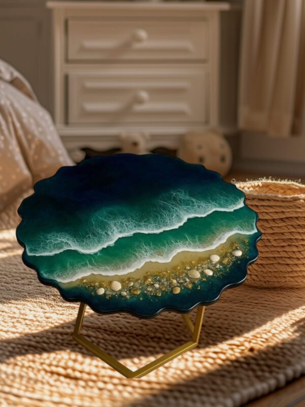 "Handcrafted ocean-inspired resin coffee table with natural wood grain and vivid blue resin waves, showcasing a unique and artistic design."