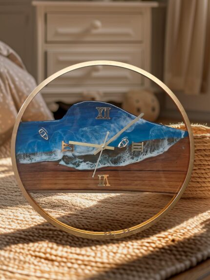 "Teakwood Ocean Resin Wall Clock with gold frame featuring handcrafted ocean-inspired resin art, perfect for modern and elegant décor."