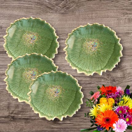 "Handcrafted green resin coasters with a sleek and vibrant design, offering durable surface protection for any table setting."