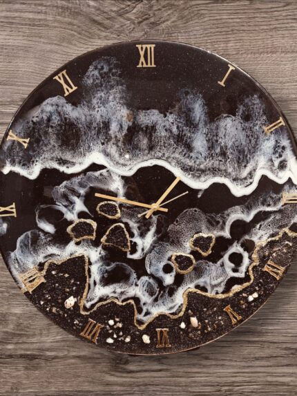 "Midnight Tide resin wall clock with ocean wave design and gold Roman numerals"