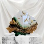 Crystal-inspired geode agate resin wall clock with layered glossy design by SAASHI