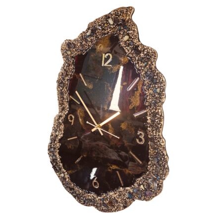 Luxury black and gold geode resin wall clock with crushed stone textured edges and metallic hour markers.