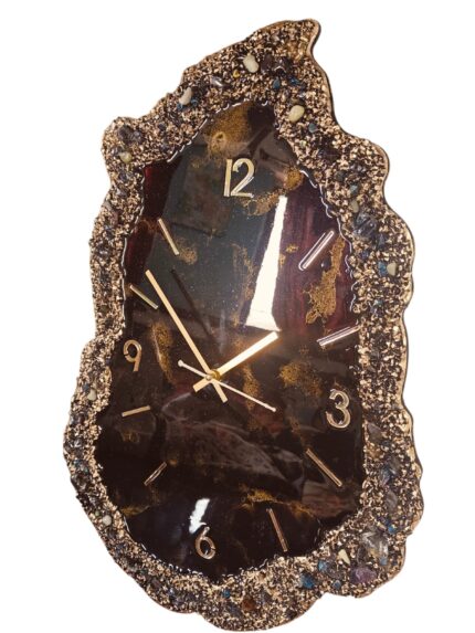 Luxury black and gold geode resin wall clock with crushed stone textured edges and metallic hour markers.