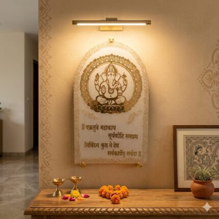 Divine Ganesh mantra resin frame with elegant golden finish. Perfect spiritual wall décor for home temple, entrance or living room to bring peace, positivity and blessings.