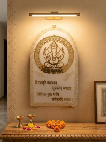 Divine Ganesh mantra resin frame with elegant golden finish. Perfect spiritual wall décor for home temple, entrance or living room to bring peace, positivity and blessings.