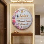 Customized epoxy resin nameplate with glossy finish, modern artistic textures, and luxury handcrafted home entrance décor styling.
