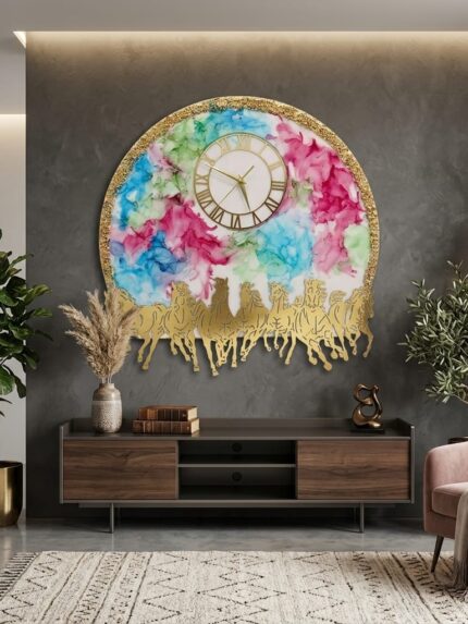 24-inch handcrafted epoxy resin wall clock with seven running horses, glossy ocean-inspired textures, and luxury modern home décor styling.