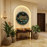 Black and teal blue customized resin nameplate with glossy epoxy finish for modern home entrance décor.