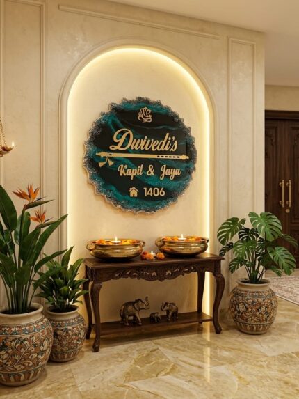 Black and teal blue customized resin nameplate with glossy epoxy finish for modern home entrance décor.